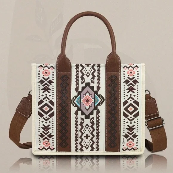 Brown and Cream Geometric Tote Bag Set - Picture 2 of 6